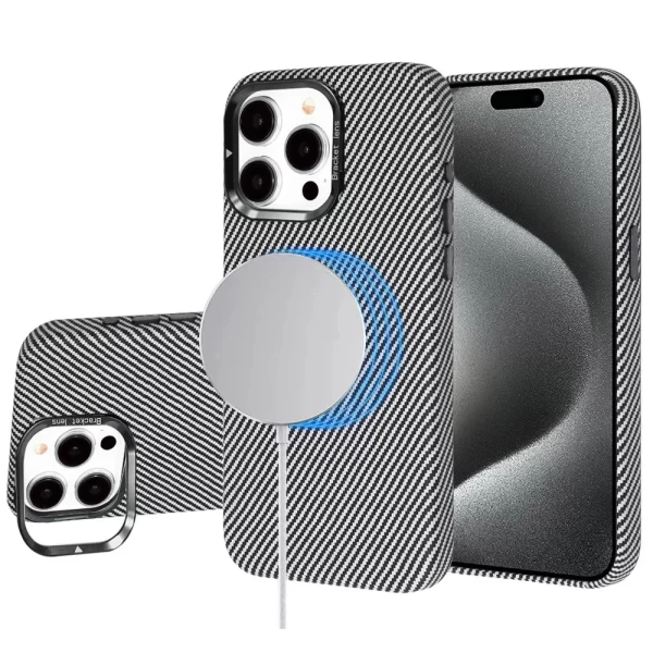 LEATHER CARBON MAGSAFE WITH STAND - SILVER (I10) IPHONE 16 PRO