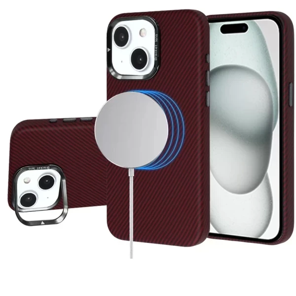 LEATHER CARBON MAGSAFE WITH STAND - RED (I5)  IPHONE 15