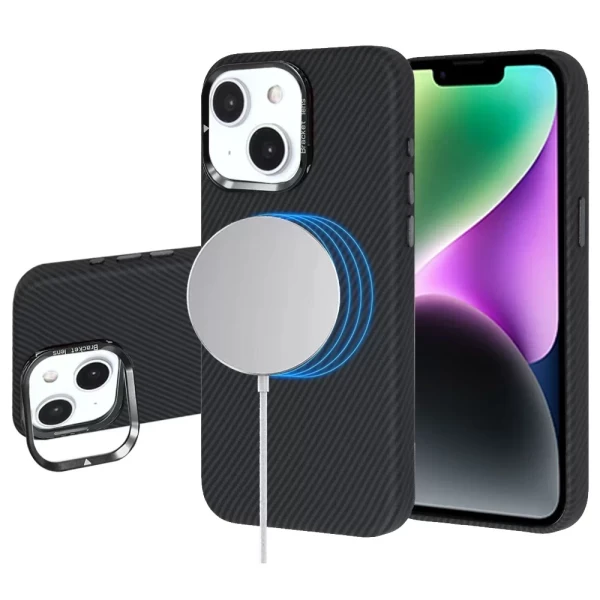LEATHER CARBON MAGSAFE WITH STAND- BLACK (I2)  IPHONE 14/13