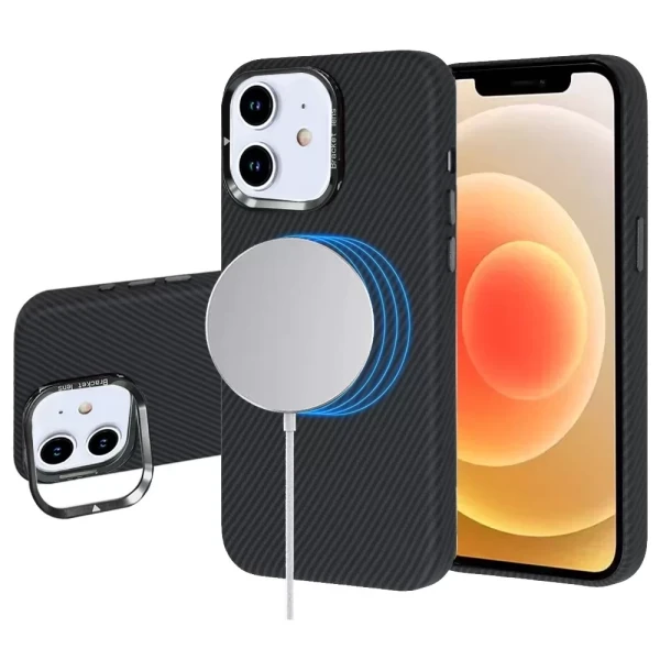 LEATHER CARBON MAGSAFE WITH STAND- BLACK (I2)  IPHONE 12 / 12 PRO