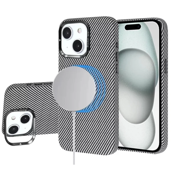 LEATHER CARBON MAGSAFE WITH STAND - SILVER (I10)  IPHONE 15