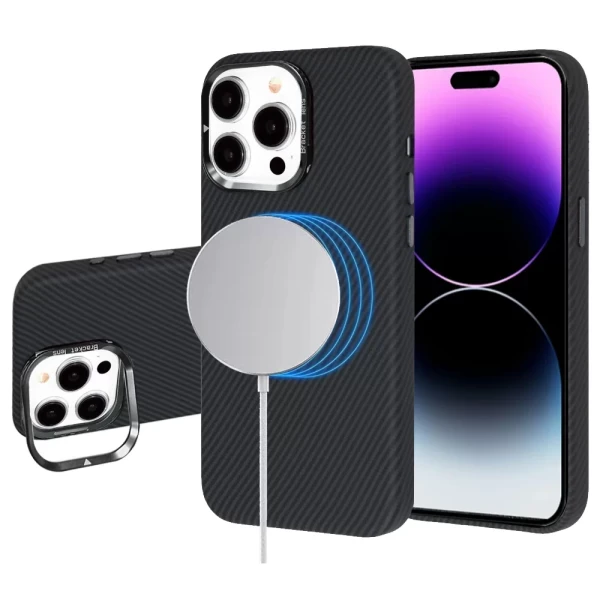 LEATHER CARBON MAGSAFE WITH STAND- BLACK (I2)  IPHONE 14 PRO MAX