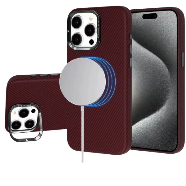 LEATHER CARBON MAGSAFE WITH STAND - RED (I5)  IPHONE 16 PRO