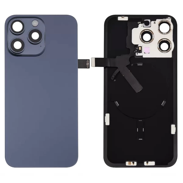 Back Glass With Steel Plate With Wireless NFC Charging MagSafe Magnet & Flashlight Flex Compatible For IPhone 15 PRO MAX (No Logo) - BLUE TITANIUM